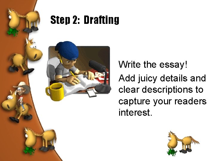 Step 2: Drafting Write the essay! Add juicy details and clear descriptions to capture