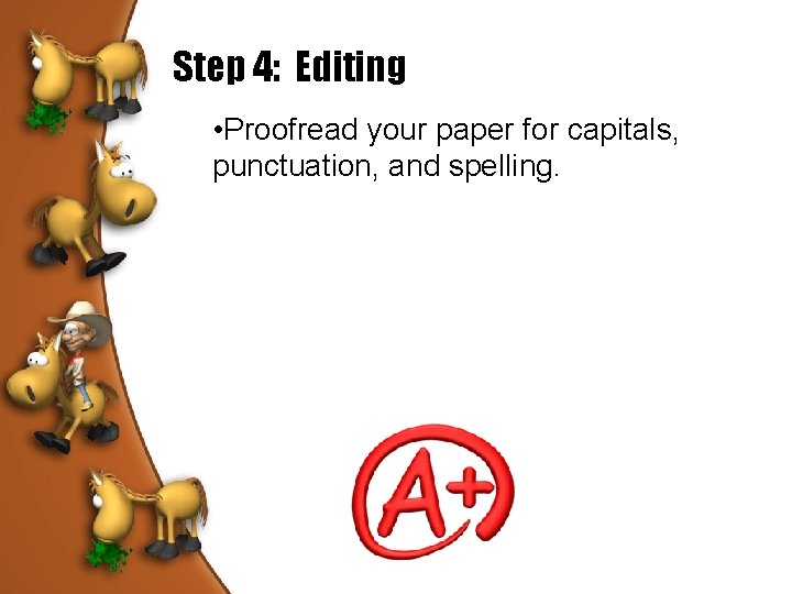 Step 4: Editing • Proofread your paper for capitals, punctuation, and spelling. 