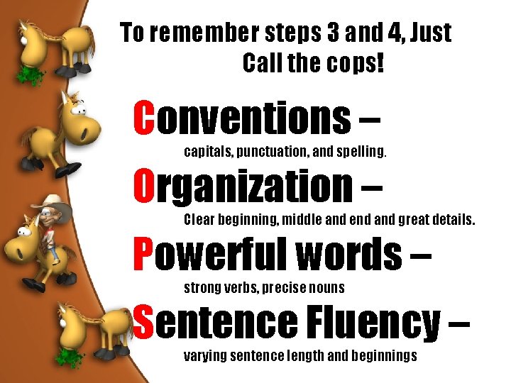 To remember steps 3 and 4, Just Call the cops! Conventions – capitals, punctuation,