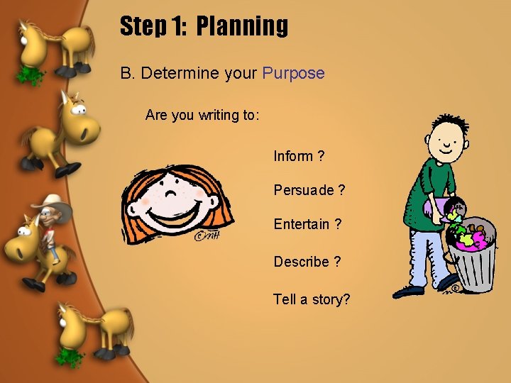Step 1: Planning B. Determine your Purpose Are you writing to: Inform ? Persuade