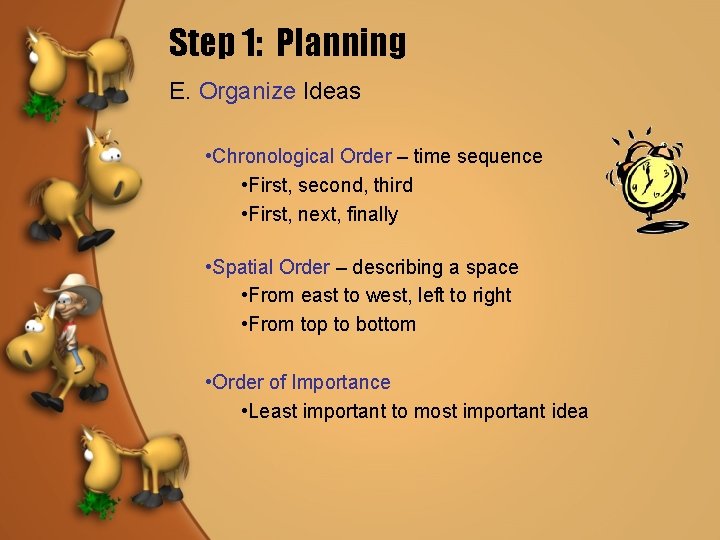 Step 1: Planning E. Organize Ideas • Chronological Order – time sequence • First,