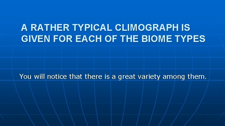 A RATHER TYPICAL CLIMOGRAPH IS GIVEN FOR EACH OF THE BIOME TYPES You will