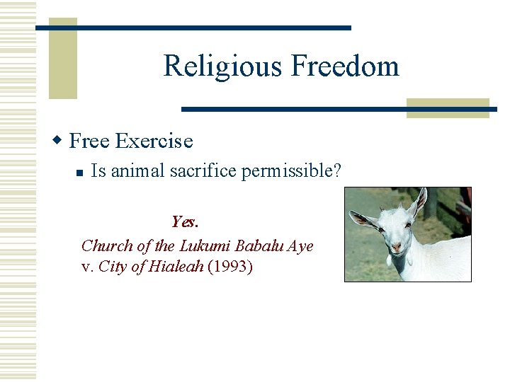 Religious Freedom w Free Exercise n Is animal sacrifice permissible? Yes. Church of the