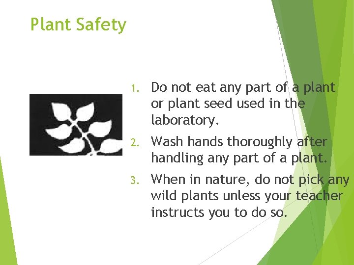 Plant Safety 1. Do not eat any part of a plant or plant seed