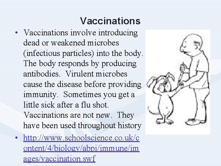 Vaccinations • Vaccinations involve introducing dead or weakened microbes (infectious particles) into the body.