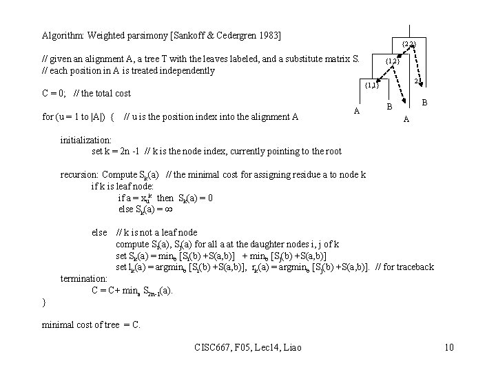 Algorithm: Weighted parsimony [Sankoff & Cedergren 1983] {2, 2} // given an alignment A,