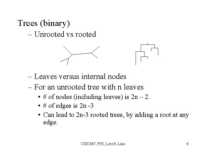 Trees (binary) – Unrooted vs rooted – Leaves versus internal nodes – For an