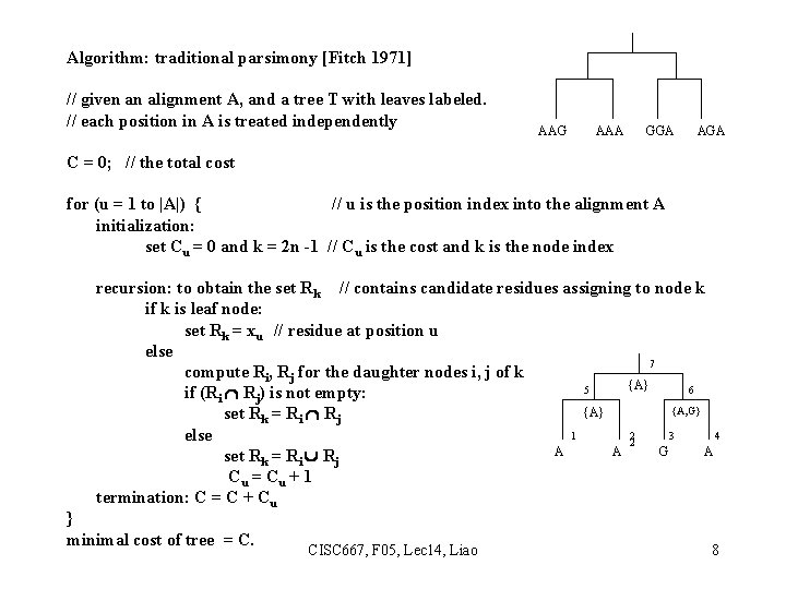 Algorithm: traditional parsimony [Fitch 1971] // given an alignment A, and a tree T