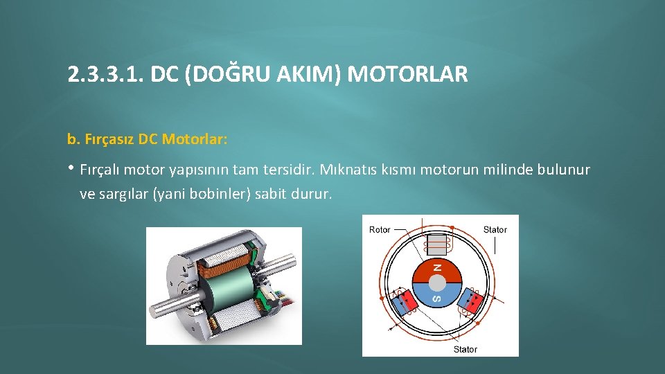 2. 3. 3. 1. DC (DOĞRU AKIM) MOTORLAR b. Fırçasız DC Motorlar: • Fırçalı
