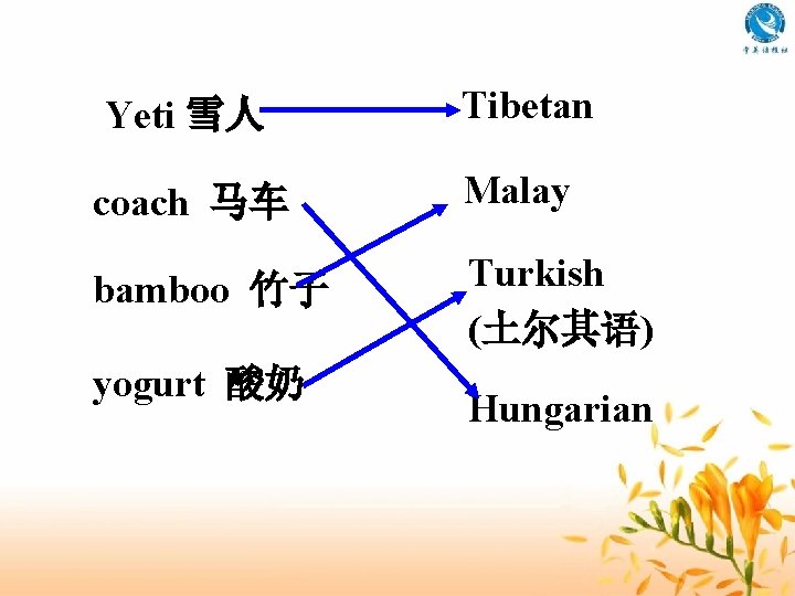 Yeti 雪人 Tibetan coach 马车 Malay bamboo 竹子 Turkish (土尔其语) yogurt 酸奶 Hungarian 