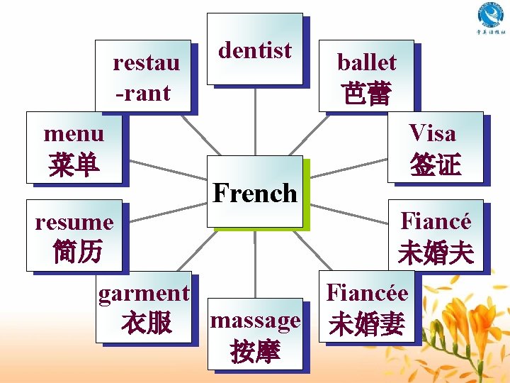 restau -rant menu 菜单 resume 简历 dentist French ballet 芭蕾 Visa 签证 Fiancé 未婚夫