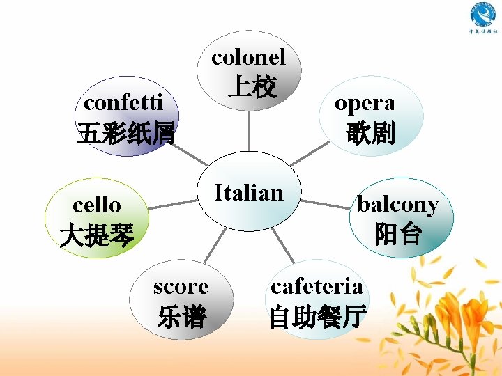 confetti 五彩纸屑 colonel 上校 Italian cello 大提琴 score 乐谱 opera 歌剧 balcony 阳台 cafeteria