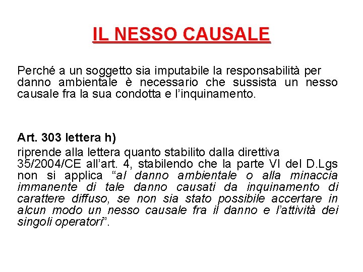 IL NESSO CAUSALE Perché a un soggetto sia imputabile la responsabilità per danno ambientale