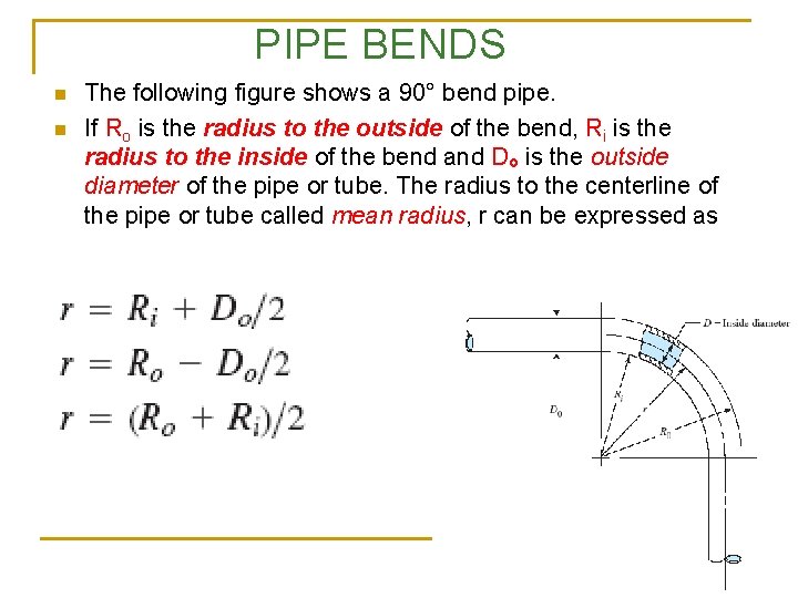 PIPE BENDS n n The following figure shows a 90° bend pipe. If Ro