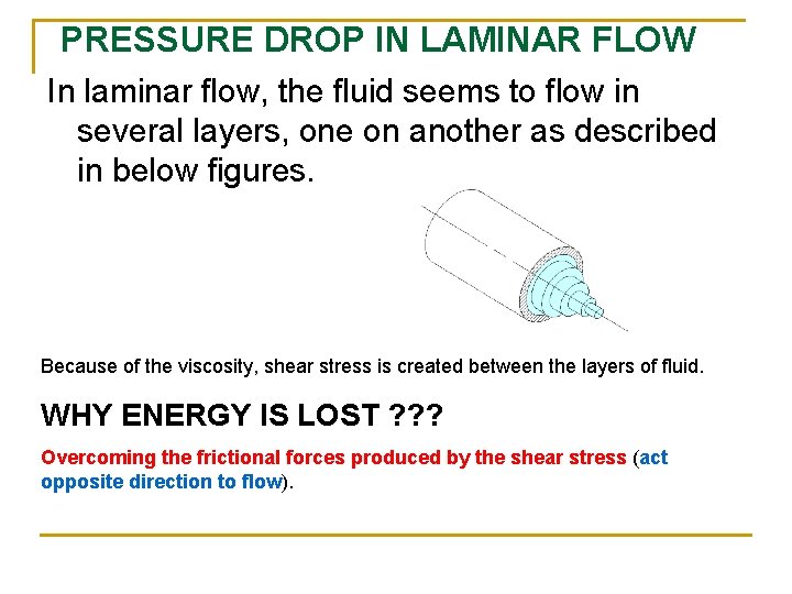 PRESSURE DROP IN LAMINAR FLOW In laminar flow, the fluid seems to flow in