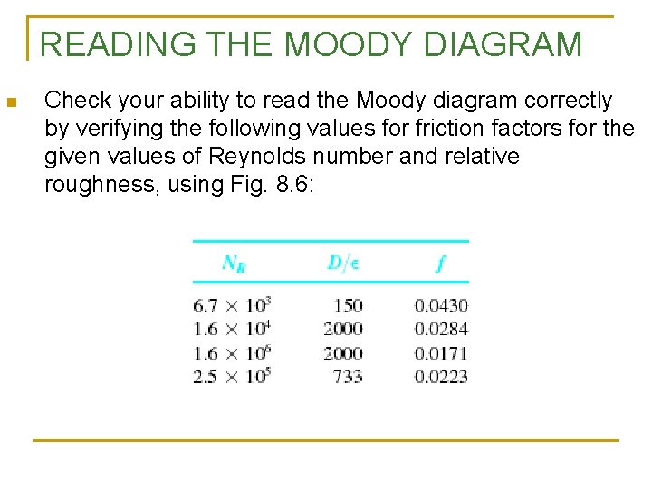 READING THE MOODY DIAGRAM n Check your ability to read the Moody diagram correctly
