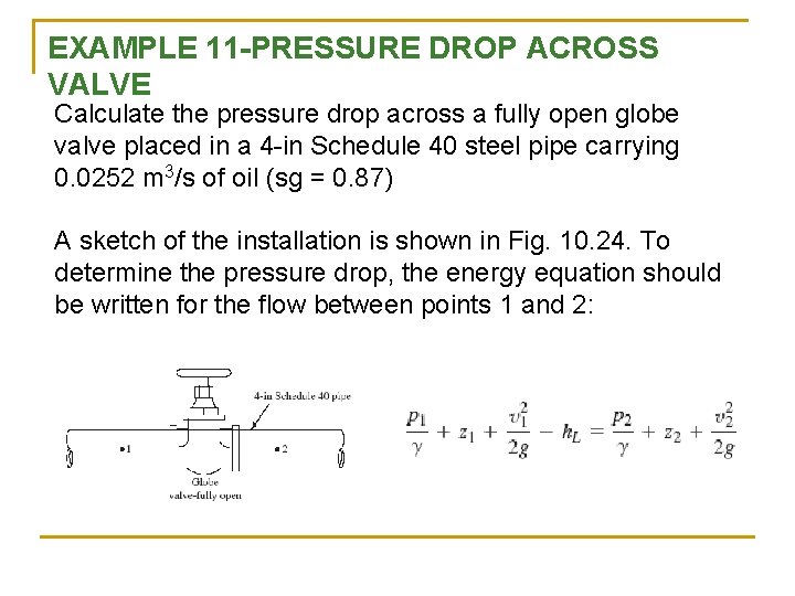 EXAMPLE 11 -PRESSURE DROP ACROSS VALVE Calculate the pressure drop across a fully open