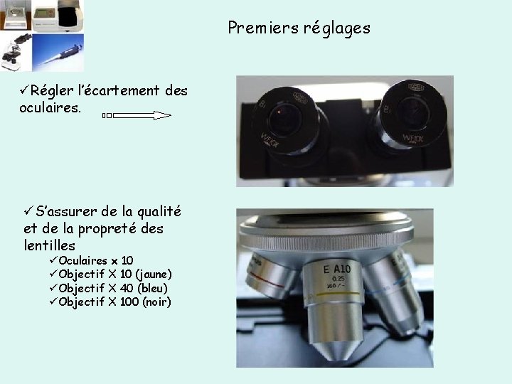 Premiers réglages üRégler l’écartement des oculaires. üS’assurer de la qualité et de la propreté