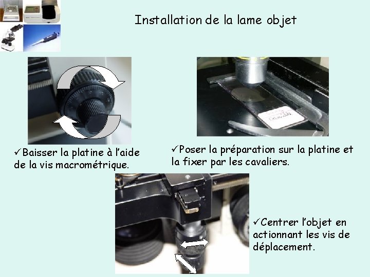 Installation de la lame objet üBaisser la platine à l’aide de la vis macrométrique.