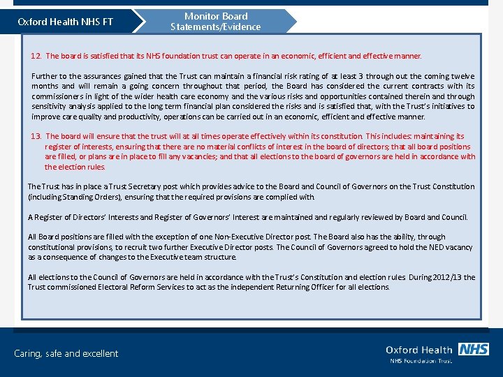 Oxford Health NHS FT Monitor Board Statements/Evidence 12. The board is satisfied that its