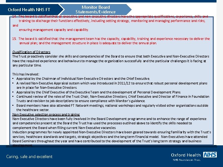 Oxford Health NHS FT Monitor Board Statements/Evidence 14. The board is satisfied that all