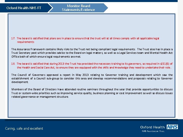 Oxford Health NHS FT Monitor Board Statements/Evidence 17. The board is satisfied that plans