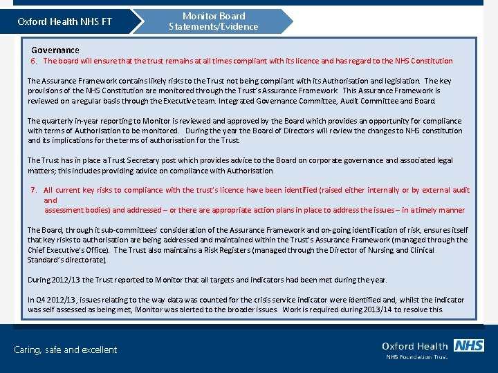 Oxford Health NHS FT Monitor Board Statements/Evidence Governance 6. The board will ensure that