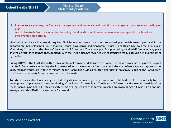 Oxford Health NHS FT Monitor Board Statements/Evidence 9. The necessary planning, performance management and