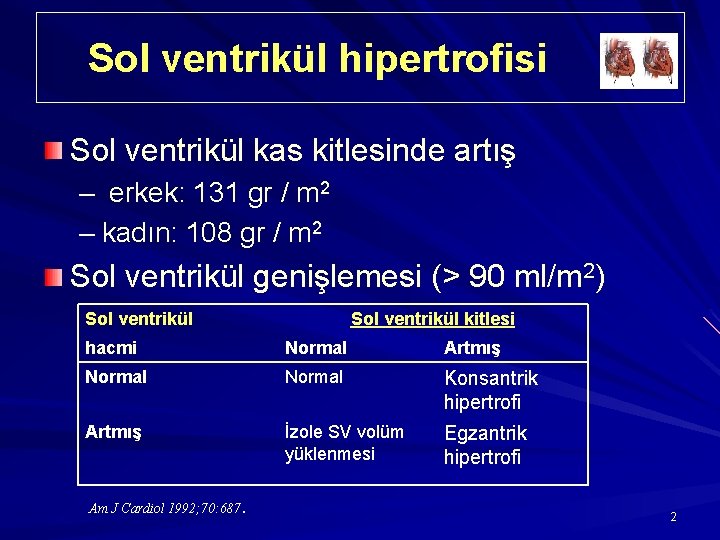 Sol ventrikül hipertrofisi Sol ventrikül kas kitlesinde artış – erkek: 131 gr / m