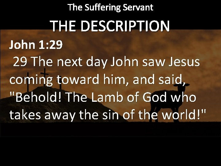 The Suffering Servant THE DESCRIPTION John 1: 29 29 The next day John saw