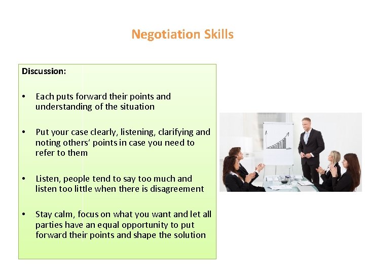 Negotiation Skills Discussion: • Each puts forward their points and understanding of the situation