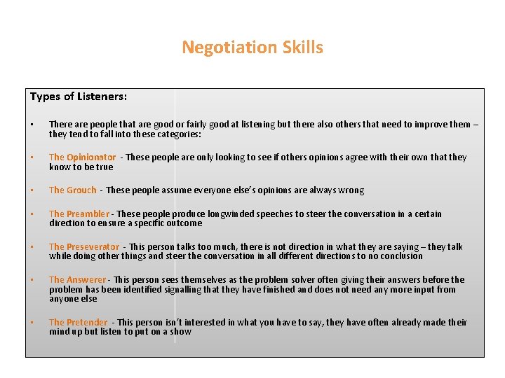 Negotiation Skills Types of Listeners: • There are people that are good or fairly