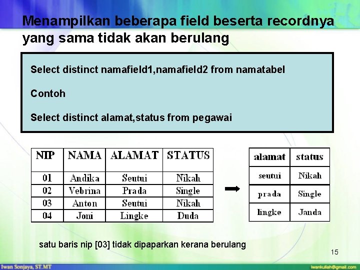 Menampilkan beberapa field beserta recordnya yang sama tidak akan berulang Select distinct namafield 1,