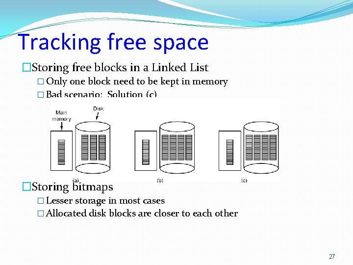Tracking free space �Storing free blocks in a Linked List � Only one block Tracking free space �Storing free blocks in a Linked List � Only one block