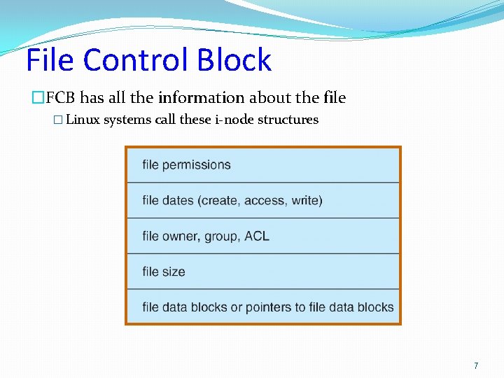 File Control Block �FCB has all the information about the file � Linux systems File Control Block �FCB has all the information about the file � Linux systems