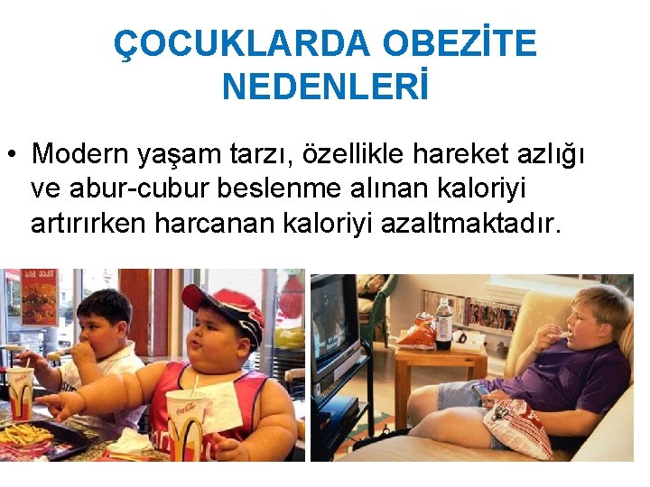 ÇOCUKLARDA OBEZİTE NEDENLERİ • Modern yaşam tarzı, özellikle hareket azlığı ve abur-cubur beslenme alınan