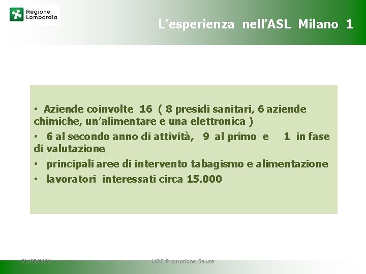 L’esperienza nell’ASL Milano 1 • Aziende coinvolte 16 ( 8 presidi sanitari, 6 aziende