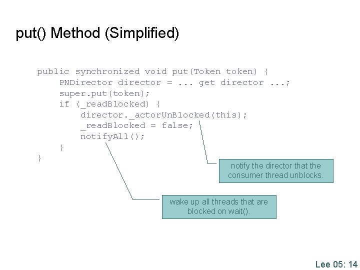 put() Method (Simplified) public synchronized void put(Token token) { PNDirector director =. . . put() Method (Simplified) public synchronized void put(Token token) { PNDirector director =. . .