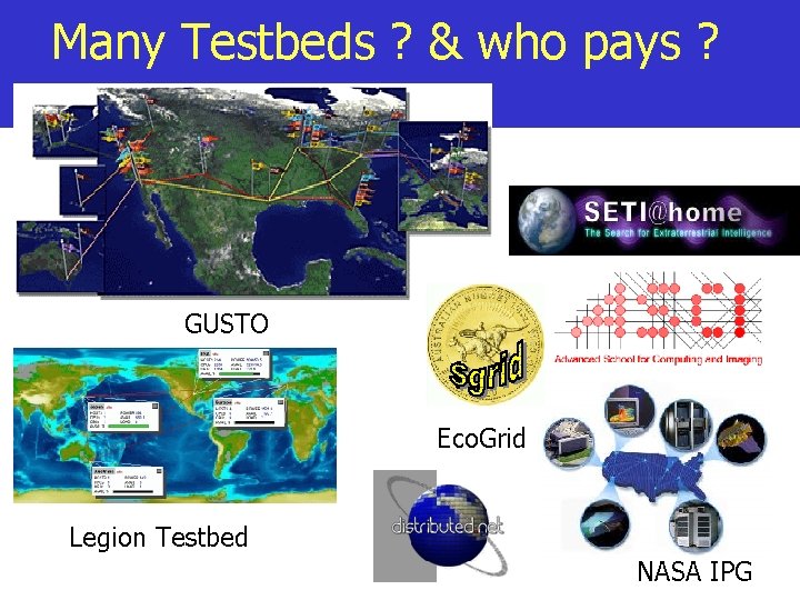 Many Testbeds ? & who pays ? GUSTO Eco. Grid Legion Testbed NASA IPG