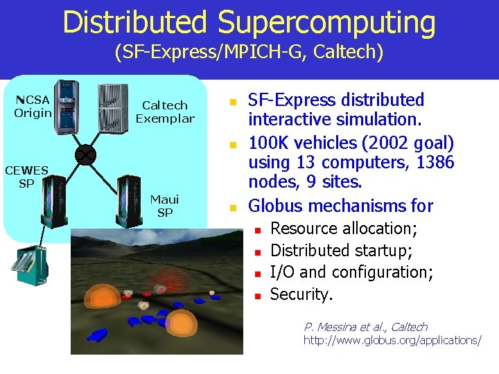 Distributed Supercomputing (SF-Express/MPICH-G, Caltech) NCSA Origin Caltech Exemplar n n CEWES SP Maui SP
