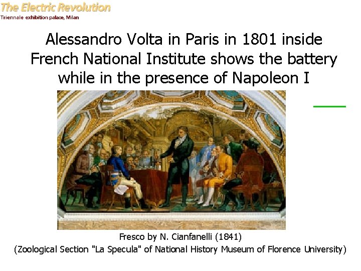 Alessandro Volta in Paris in 1801 inside French National Institute shows the battery while