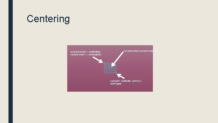 Centering (screen. Center. X – rect. Width/2, screen. Center. Y – rect. Height/2) (screen.