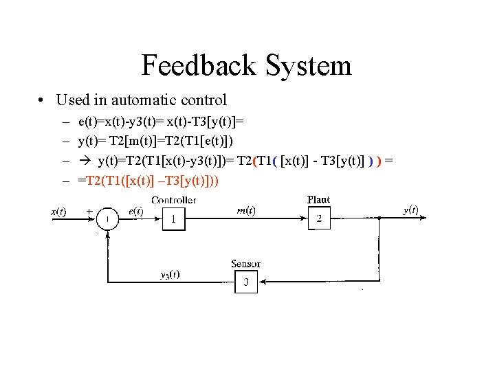 Feedback System • Used in automatic control – – e(t)=x(t)-y 3(t)= x(t)-T 3[y(t)]= y(t)=