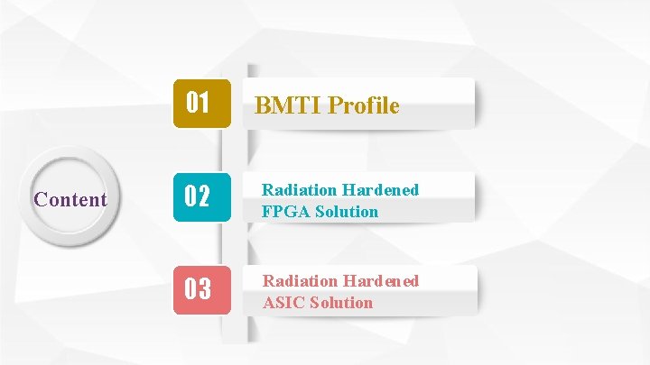 01 Content BMTI Profile 02 Radiation Hardened FPGA Solution 03 Radiation Hardened ASIC Solution