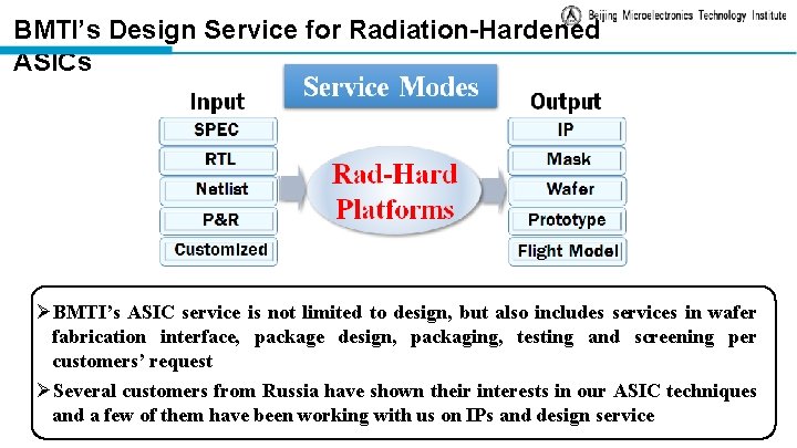 BMTI’s Design Service for Radiation-Hardened ASICs ØBMTI’s ASIC service is not limited to design,