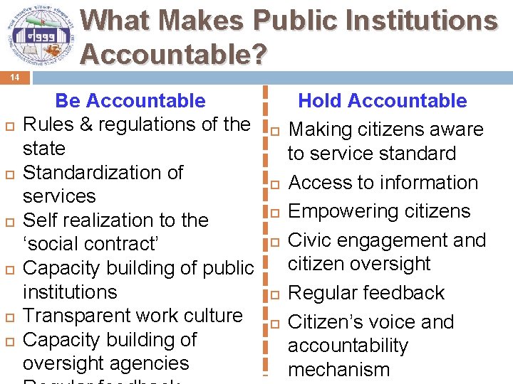 What Makes Public Institutions Accountable? 14 Be Accountable Rules & regulations of the state