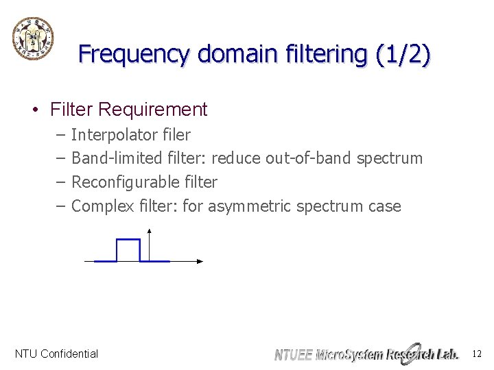Frequency domain filtering (1/2) • Filter Requirement – – Interpolator filer Band-limited filter: reduce