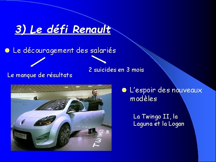 3) Le défi Renault Le découragement des salariés Le manque de résultats 2 suicides