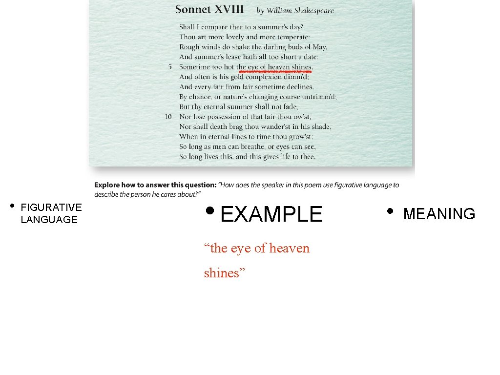  • FIGURATIVE LANGUAGE • EXAMPLE “the eye of heaven shines” • MEANING 