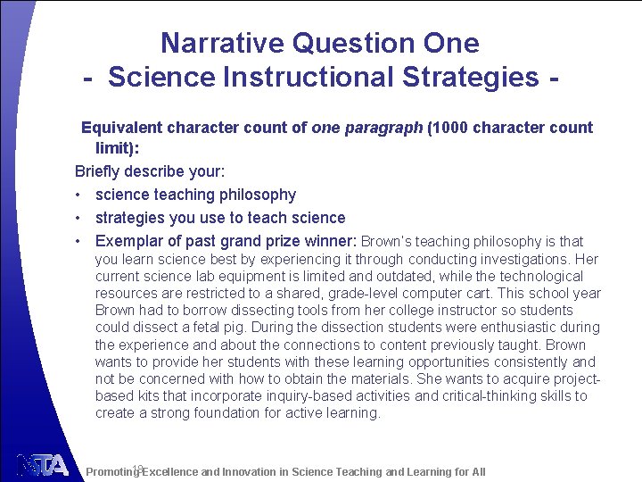 Narrative Question One - Science Instructional Strategies Equivalent character count of one paragraph (1000